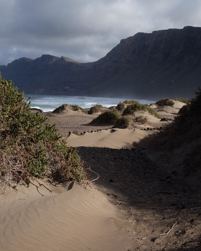 Path through sandunes leading to a beach in stormy weather